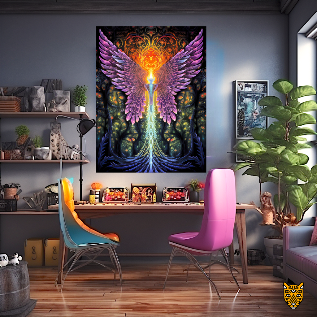 Aesthetic Vibrant Pattern: Mythical Majestic Phoenix with Purple Blue Gold Color Combination