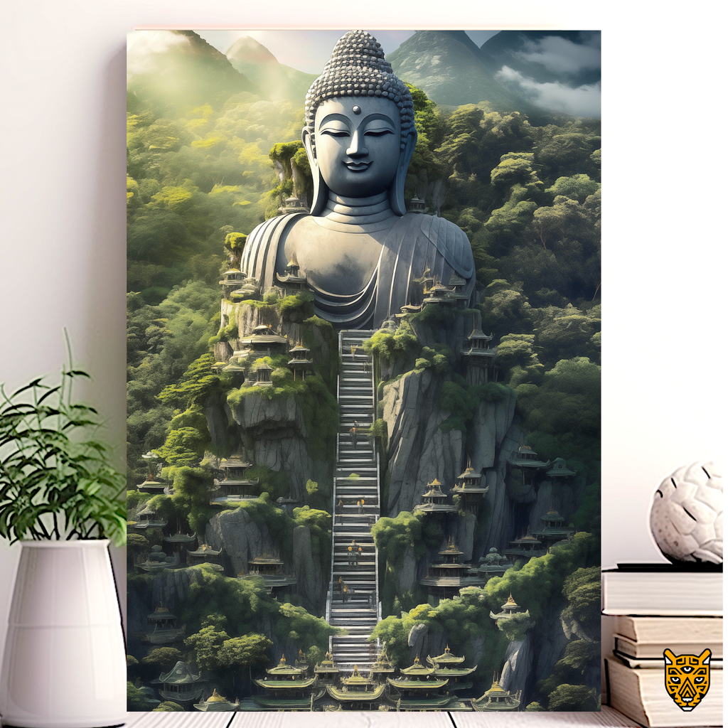 Asian Pagodas Staircase Leads to Gray Peaceful Buddha and Green Trees