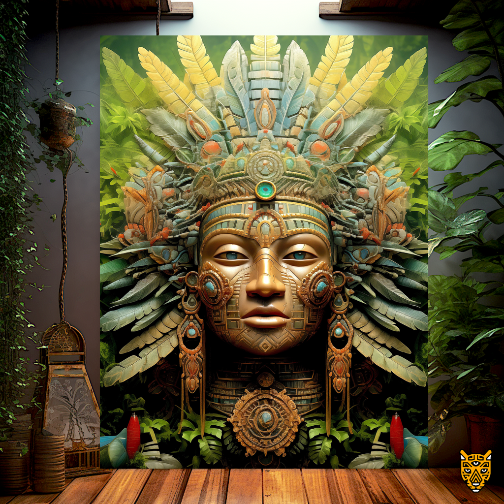Aztec Mask Artistry with Green and Yellow Feathers Sacred Headdress