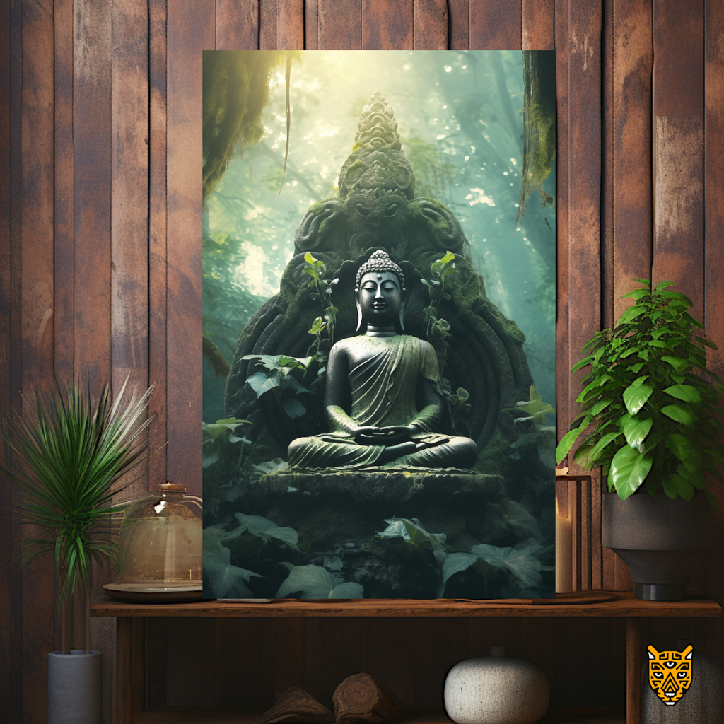 Calm Nature Sanctuary: Spiritual Green Buddha Meditating in Lotus Position with Rays of Soft Beams