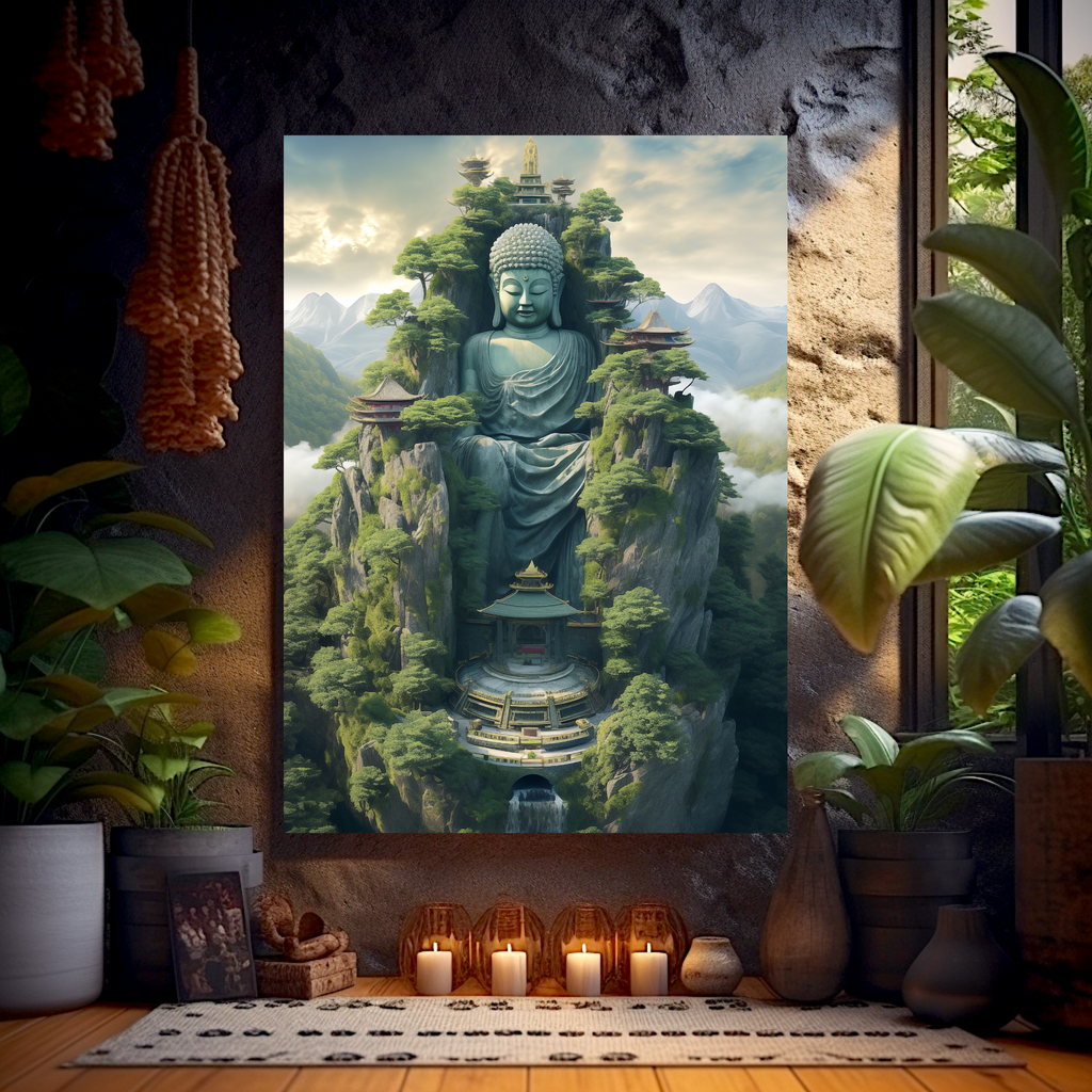 Cliffside Buddha with a Waterfall and Green and White Peaceful Oasis