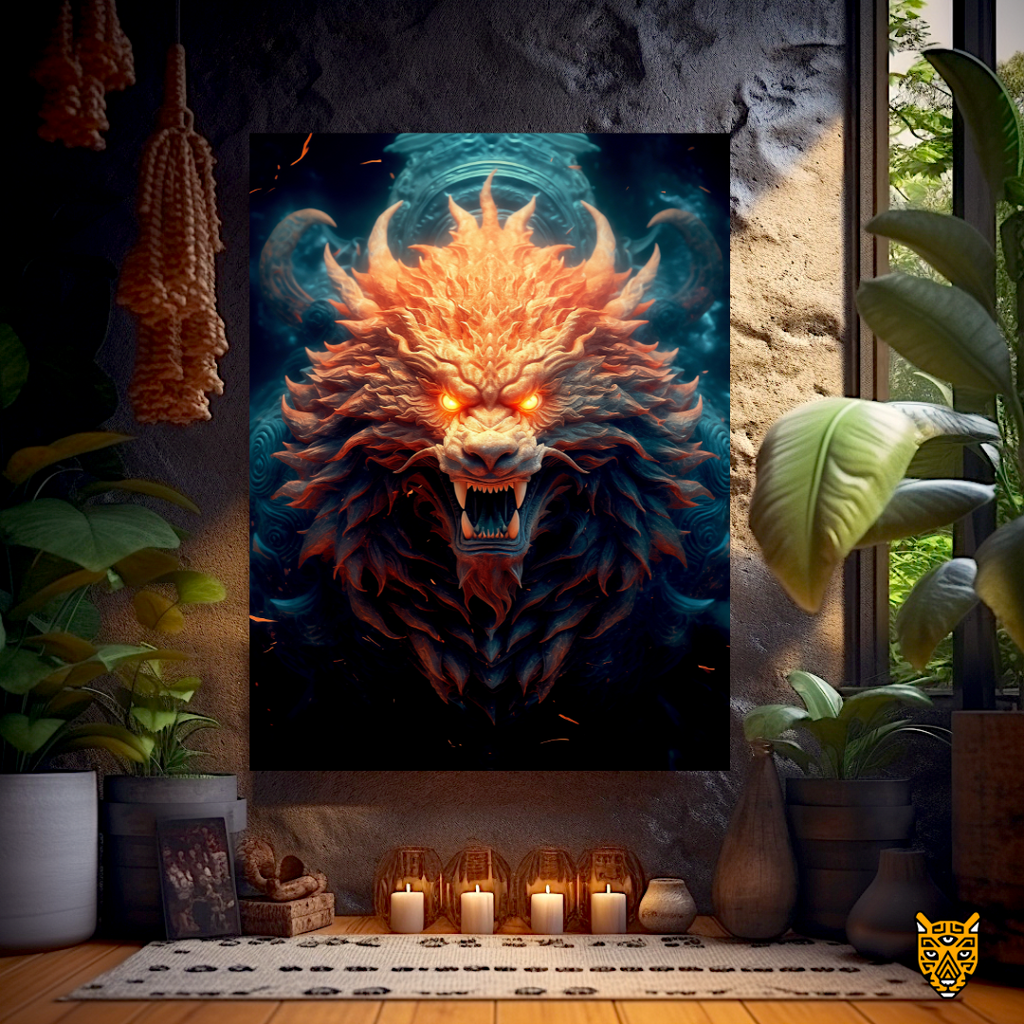 Commanding Artwork: Intense Spiritual  Mythical Dragon with Orange Enigmatic Head Color