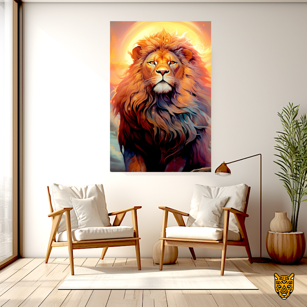 Enigmatic Majestic Beast: Mythical Lion with Shining Radiant Warm Yellow Light Above its Head