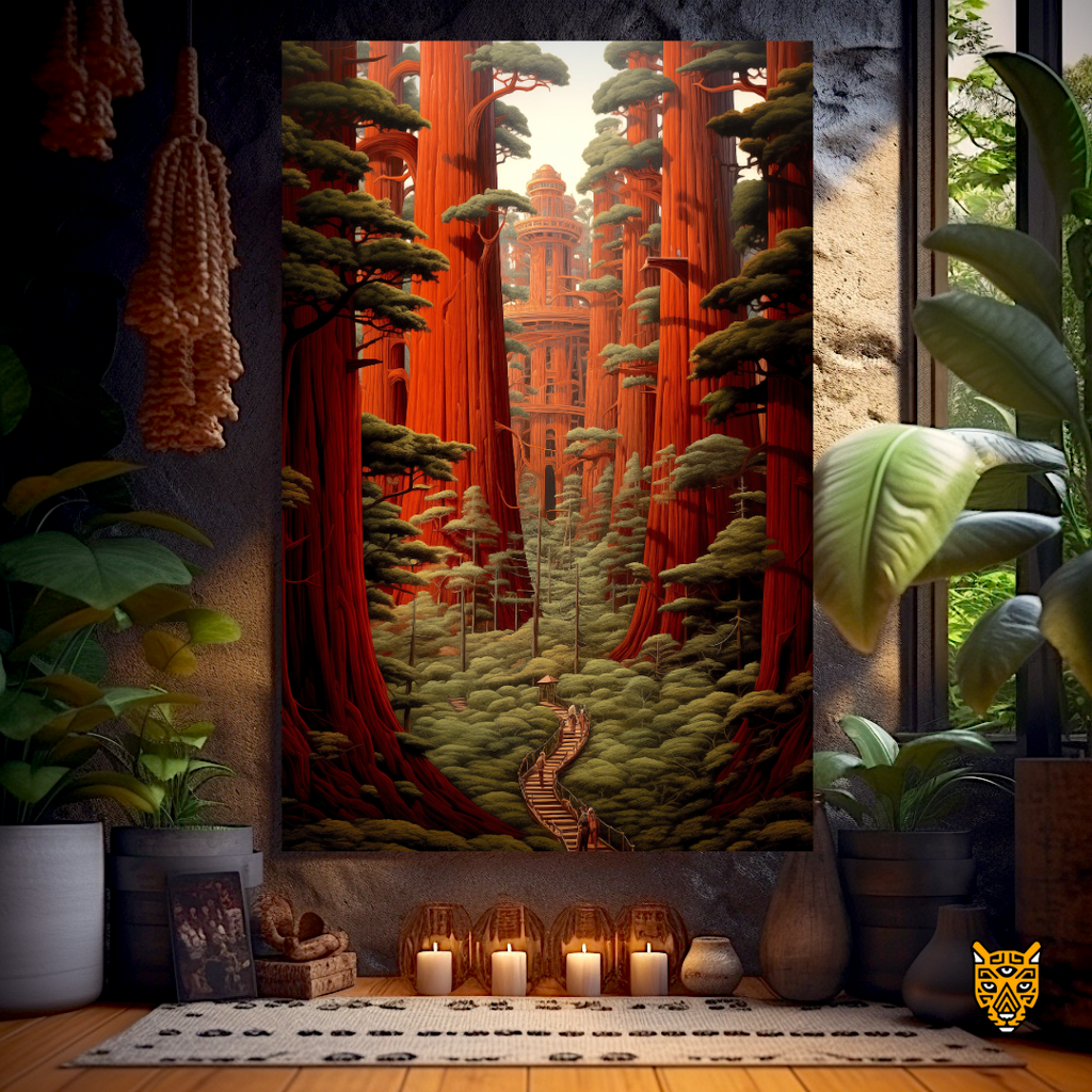 Ethereal Fantasy Forest: Serene Nature with Big Red Woods and Trunk