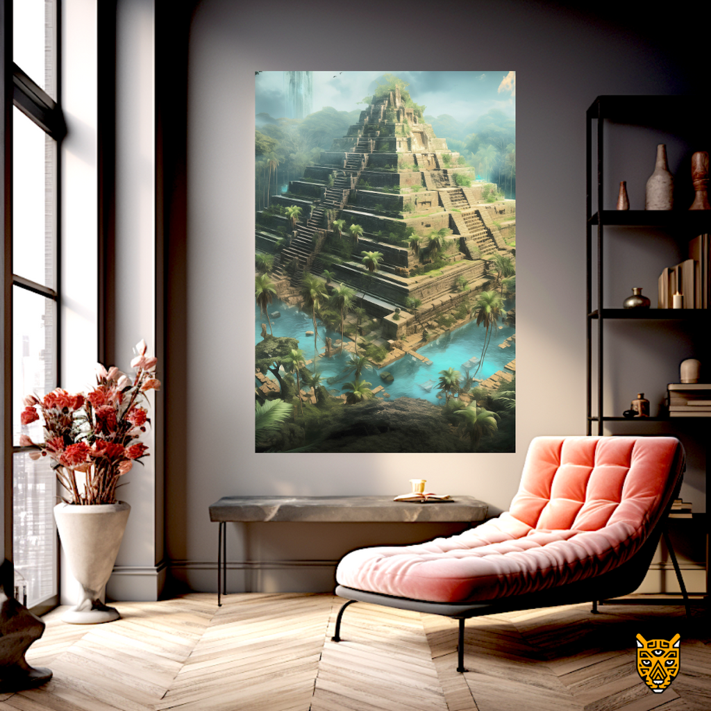 Ethereal Tranquil Nature: Mesoamerican Pyramid Surrounded by Tropical Blue and Green Forest