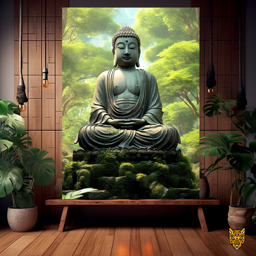Forest Serenity and Harmony: Meditating Buddha on Top of Thick Green Foliage Stone