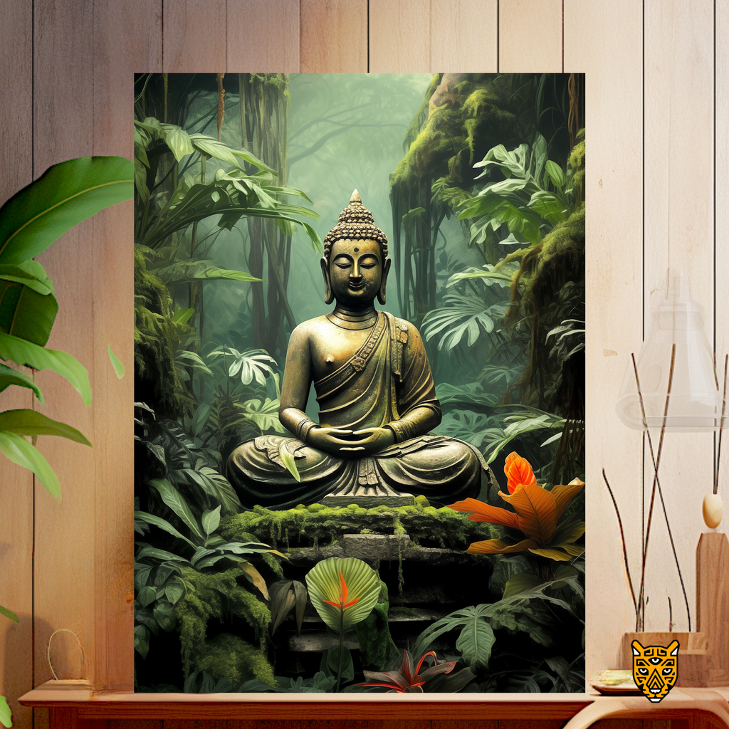 Serene Buddha Meditating in Light Green Jungle with Vibrant Tropical Flowers