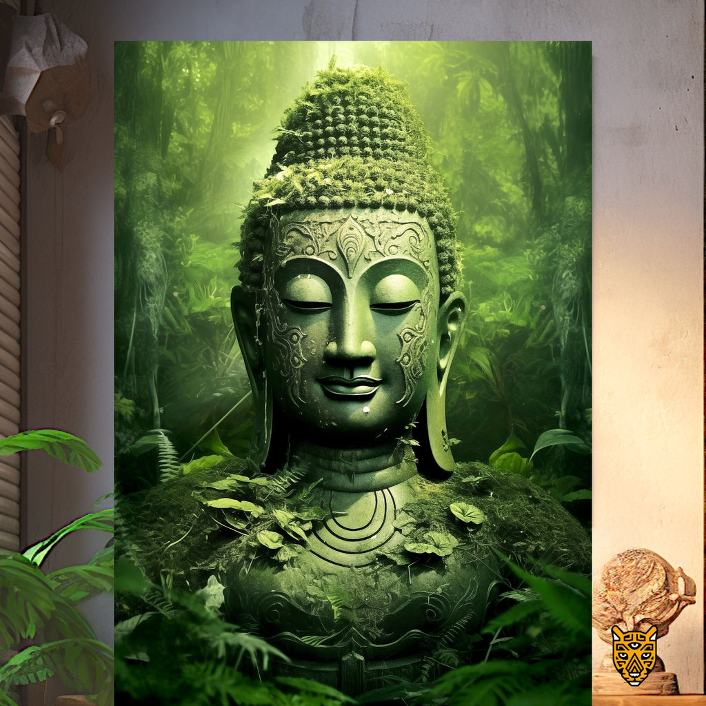 Serene and Greenery Buddha Head Meditating in a Mist Shrouded Jungle