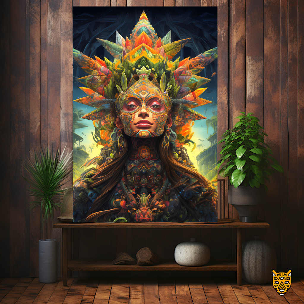 Green Aya Woman - Nature Themed Canvas Painting with Ritualistic Face Paint Elements