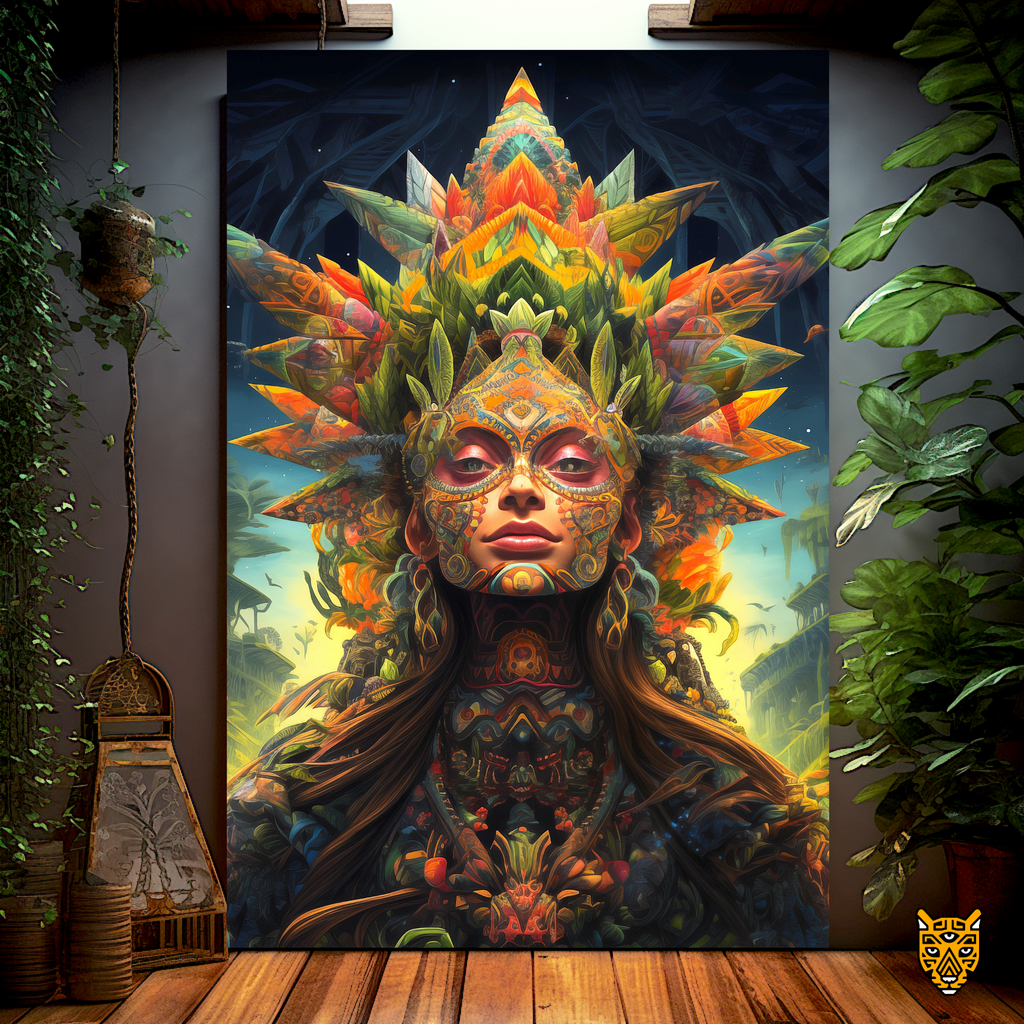 Green Aya Woman - Nature Themed Canvas Painting with Ritualistic Face Paint Elements