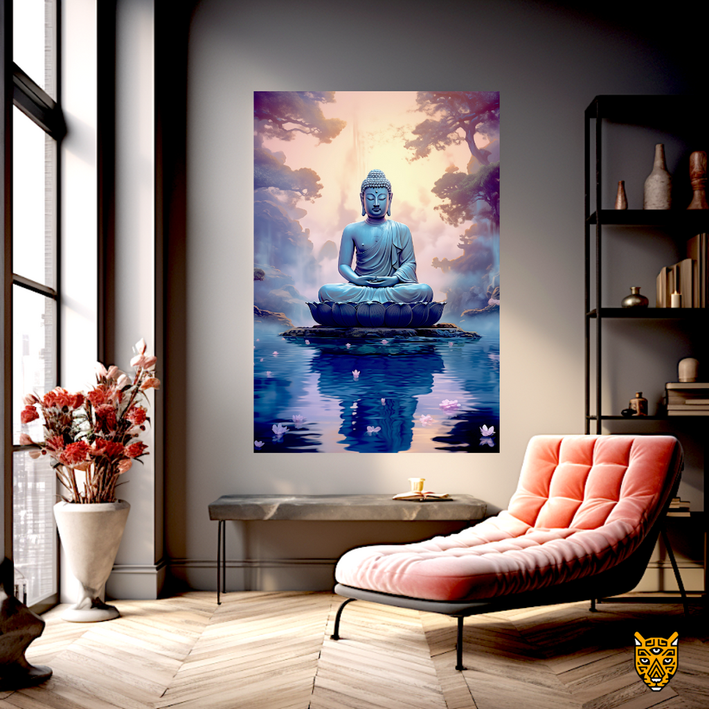 Harmony with Nature: Meditating Lotus Position Blue Buddha Sitting on Top of Stone Lotus Platform