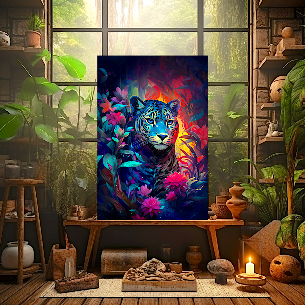 Jaguar in the Jungle Aya Panther in Pink and Blue Hues Wildlife Canvas Leopard