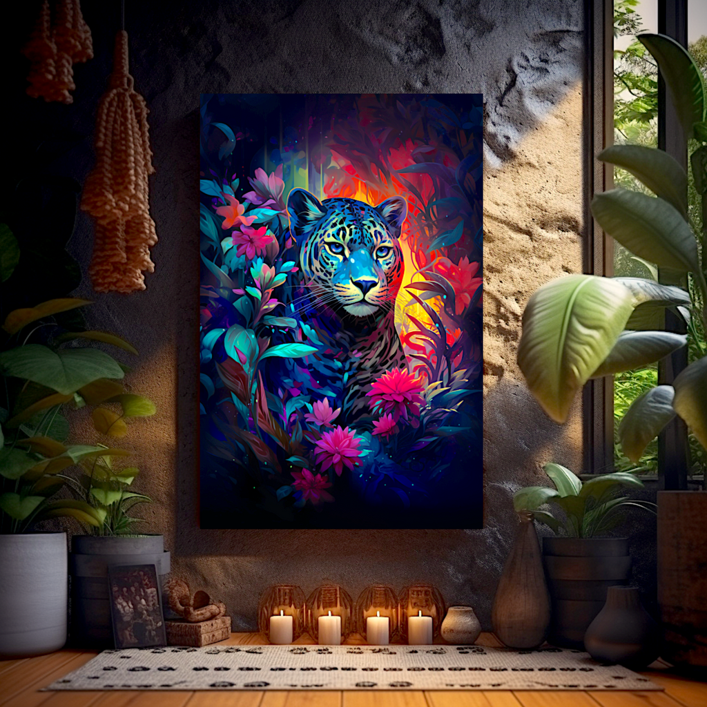 Jaguar in the Jungle Aya Panther in Pink and Blue Hues Wildlife Canvas Leopard