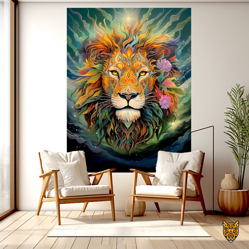 Lion with Flowers Flowing Hair in a Night Dreamy Sky