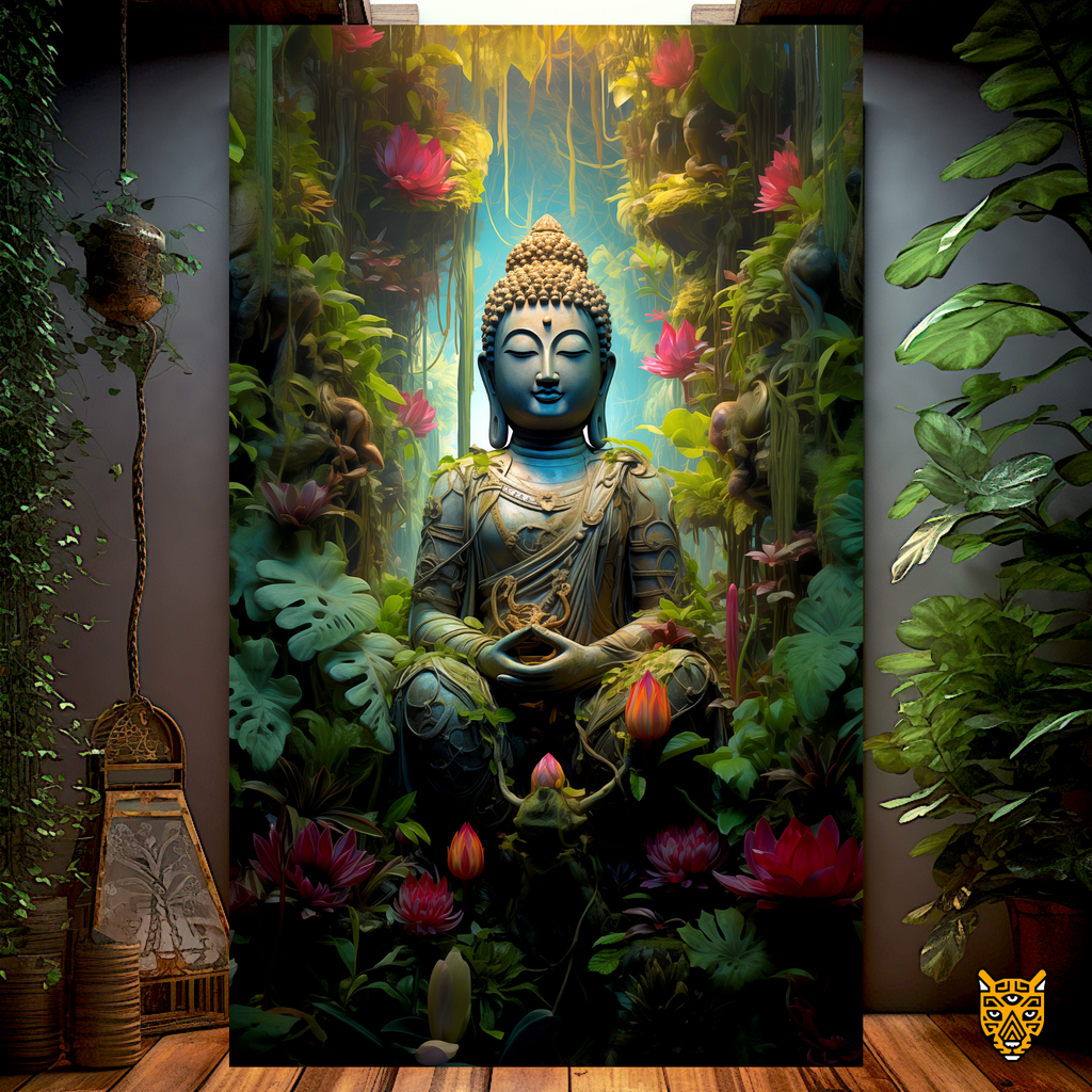 Buddha in Meditative Pose, Lush and Vibrant Jungle Colorful Lotus Flower