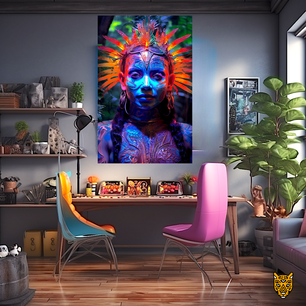 Luminescent Ceremonial Feather-like Elements: Radiant Symbolic Woman Wearing Tribal Ethereal Blue Orange Attire