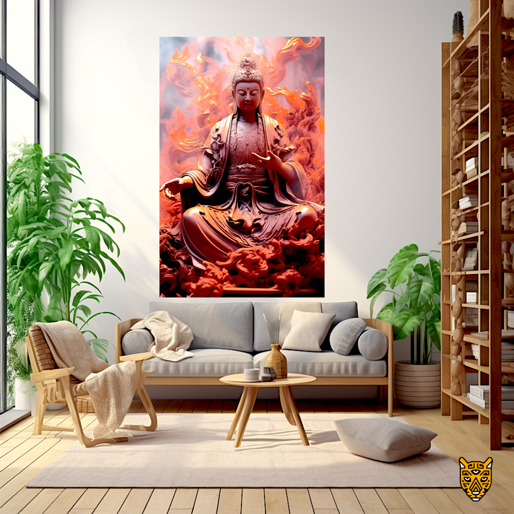 Monastic Spiritual Buddha:  Calm and Peaceful Buddha with Red Flowing Flame Background