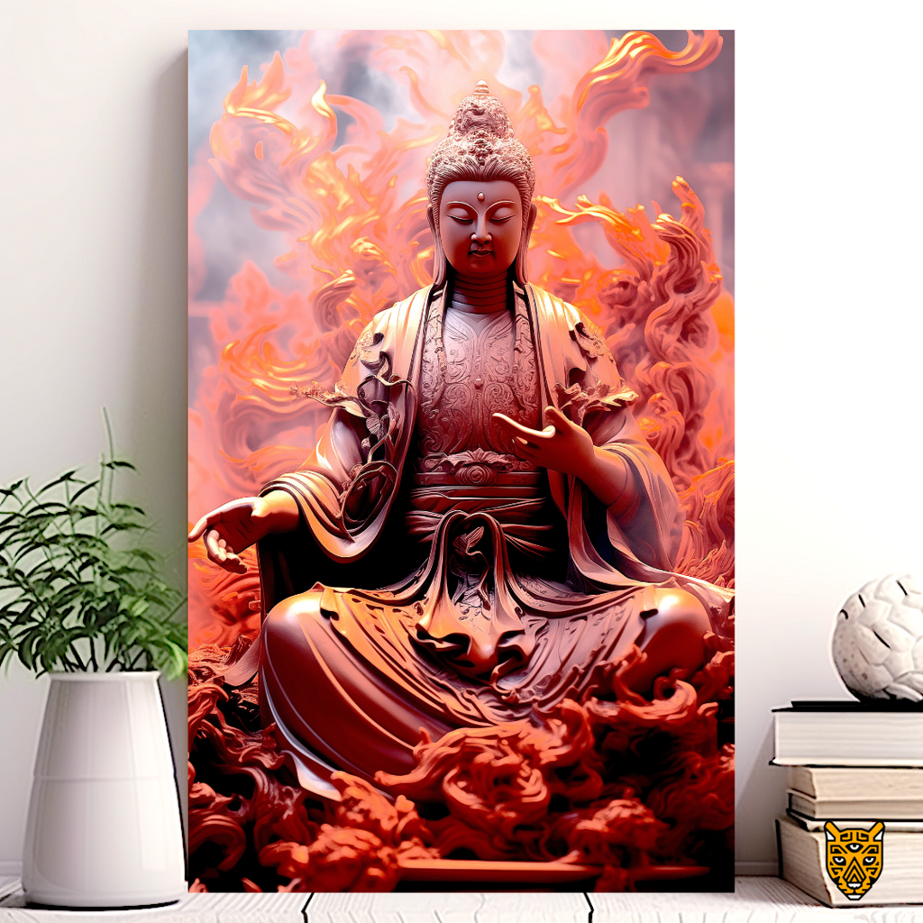 Monastic Spiritual Buddha:  Calm and Peaceful Buddha with Red Flowing Flame Background