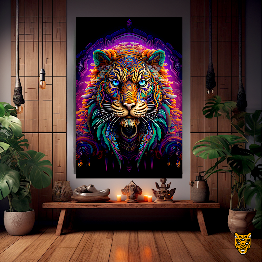 Mythical Beasts Lion Ethereal Warrior in Vibrant Blue Canvas