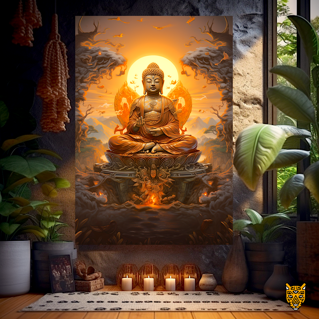 Meditating Buddha in Mountain Range Golden Hour Meditation
