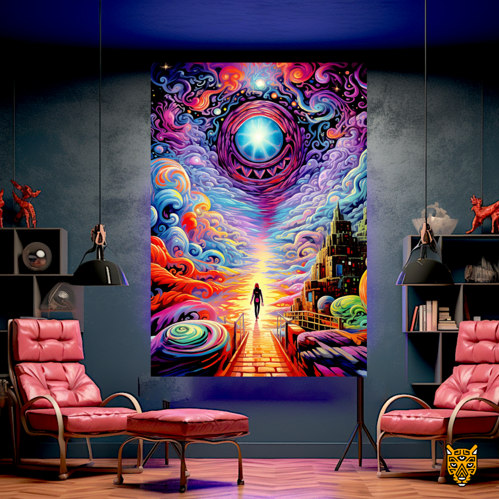 Otherworldly Mystical Journey: Surreal Visionary Psychedelic  Artwork with Radiant Orange Aisle