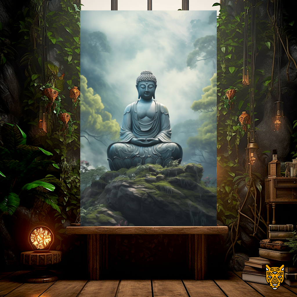 Peaceful Meditation: Ancient Diving Buddha Meditating on a Foggy Mystic Forest