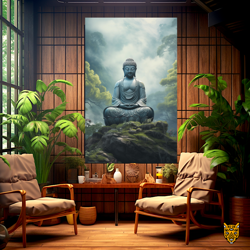 Peaceful Meditation: Ancient Diving Buddha Meditating on a Foggy Mystic Forest