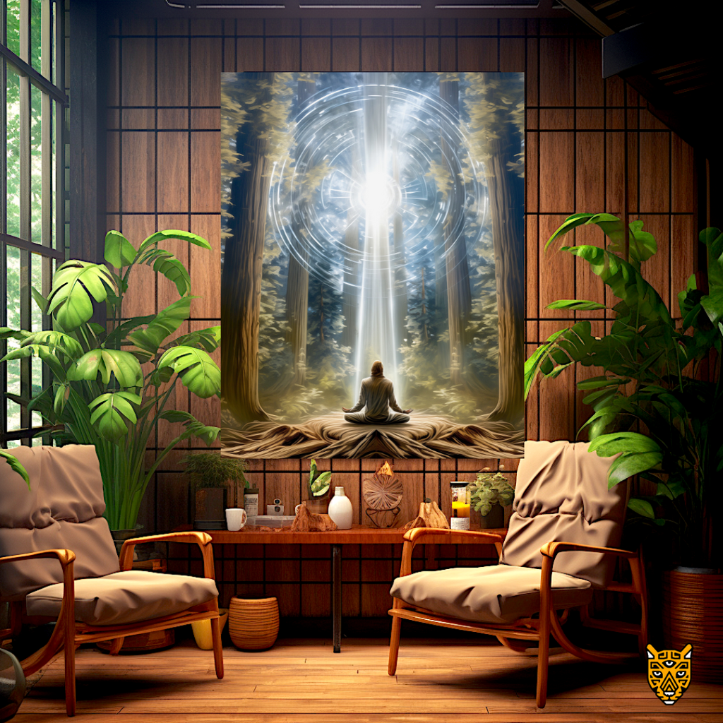 Radiant Mystical Glow: Ethereal White Light  Meditating Vortex in Front of Sequoia Trees