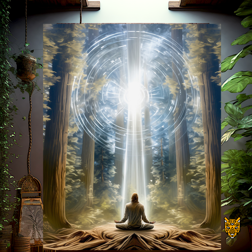 Radiant Mystical Glow: Ethereal White Light  Meditating Vortex in Front of Sequoia Trees