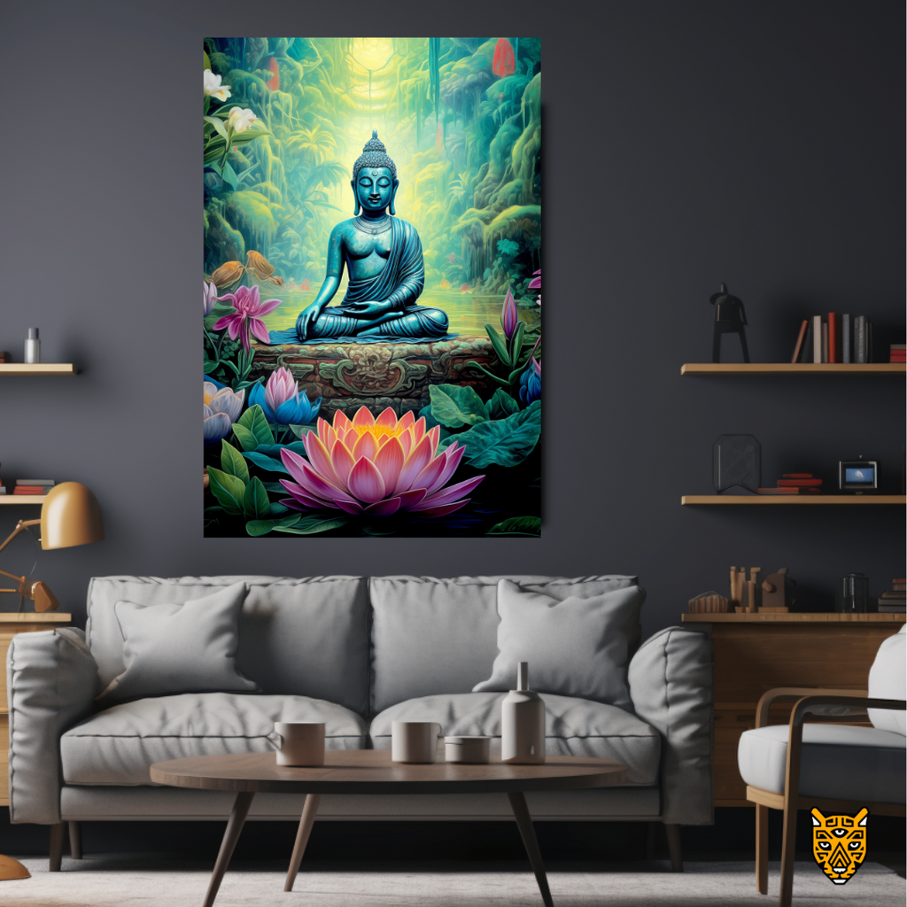 Serenity in Jungle: Buddha  Sitting on Stone Platform Meditating in Front of Big Pink Lotus Flower