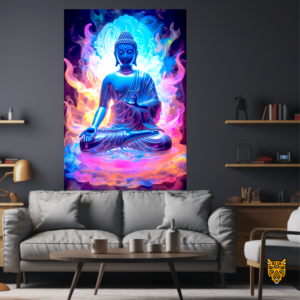 Spiritual Meditating Buddha with Blue Pink and Orange Aura Reflecting