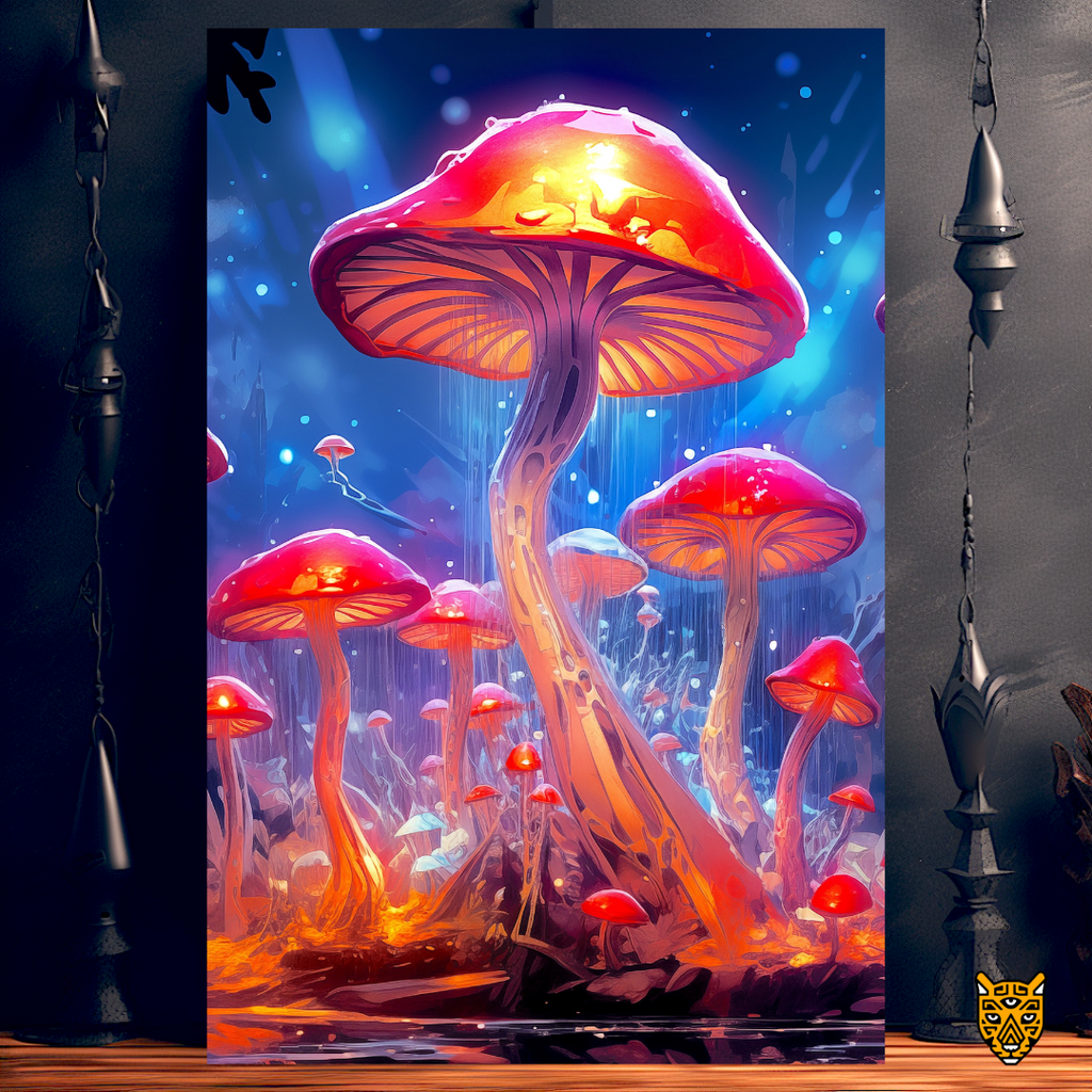 Surreal Enchanted Ecosystem: Dreamlike Big Orange Magical Glowing Mushroom