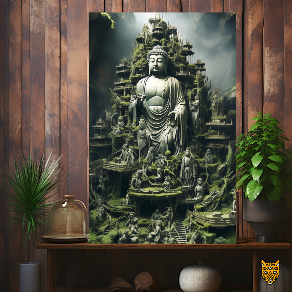 Timeless Beauty: Dhyana Mudra Mystical Buddha Stone Statue with Human Made Green Architectural Temple