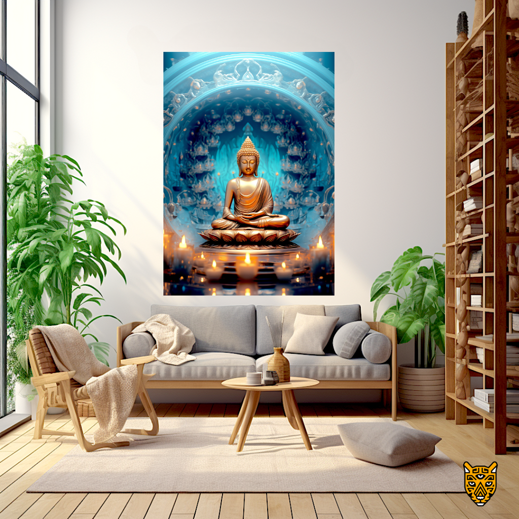 Tranquil Sacred Place: Meditative Buddha Surrounded by Candles with Soft Orange Glow