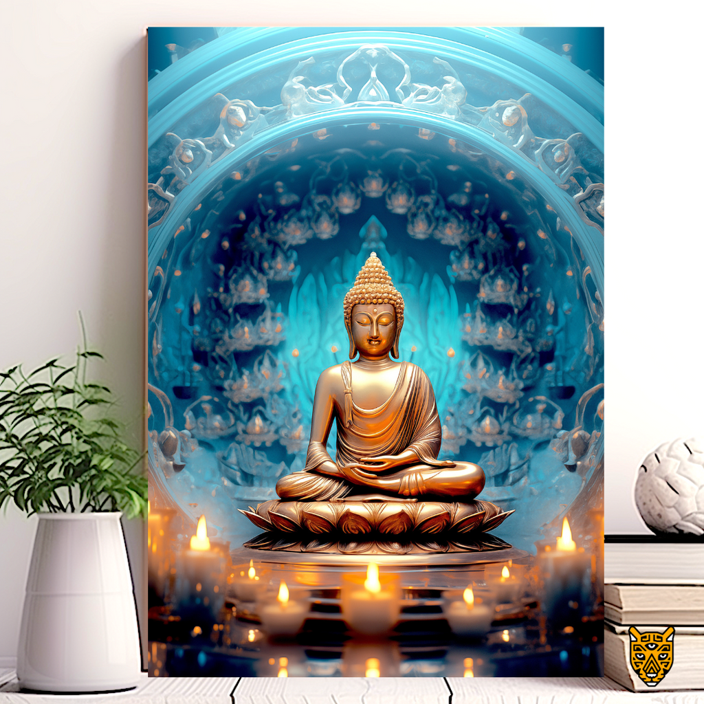 Tranquil Sacred Place: Meditative Buddha Surrounded by Candles with Soft Orange Glow
