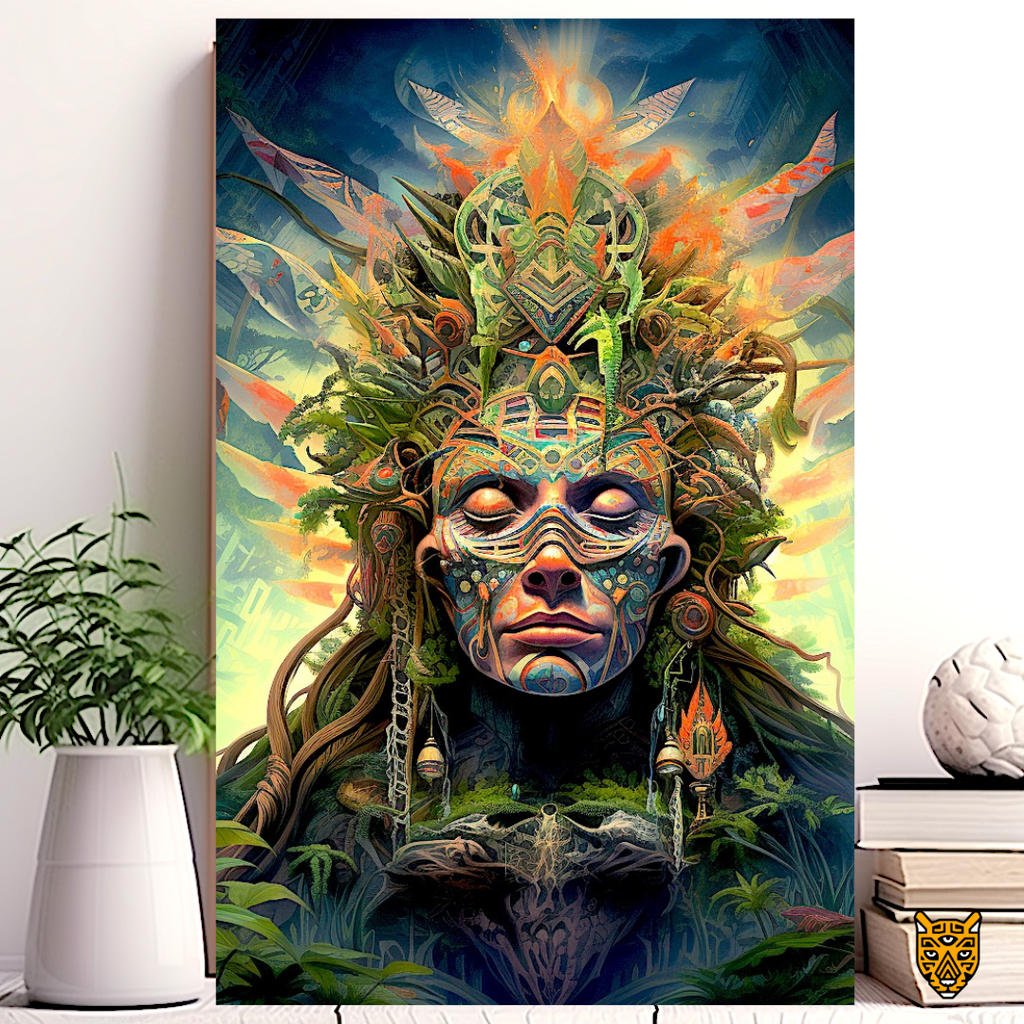 Vibrant Portraying Artwork: Tribal Sacred Ornate with Green and Orange Fantastic Patterns