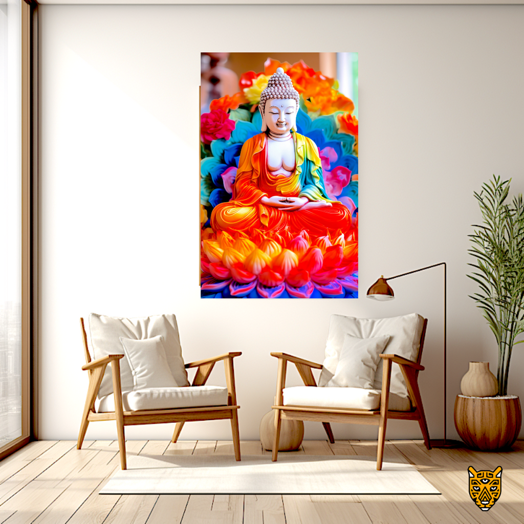 Vibrant Spirituality: Tranquil Meditative Buddha Wearing Orange Yellow Flames-like Robe