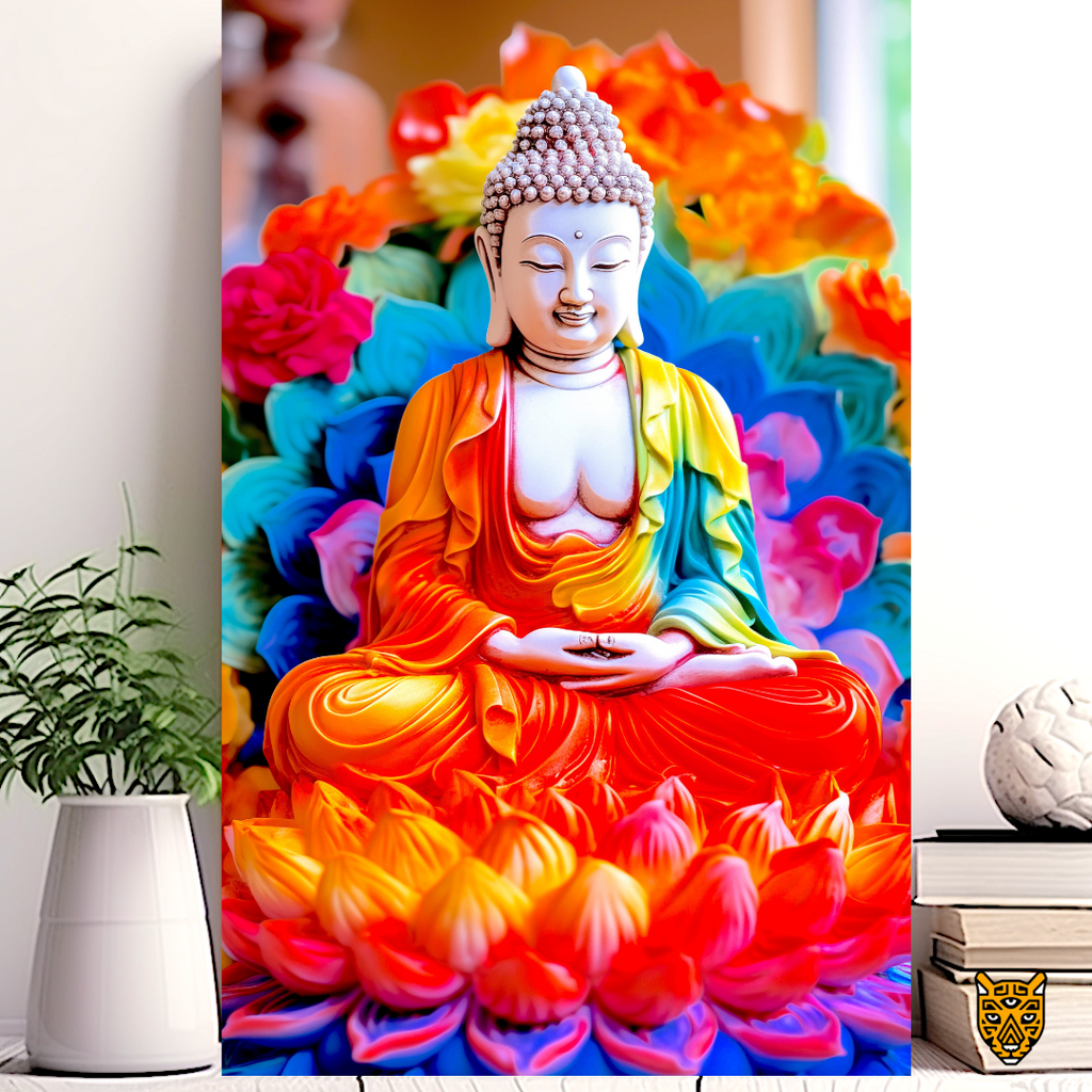 Vibrant Spirituality: Tranquil Meditative Buddha Wearing Orange Yellow Flames-like Robe