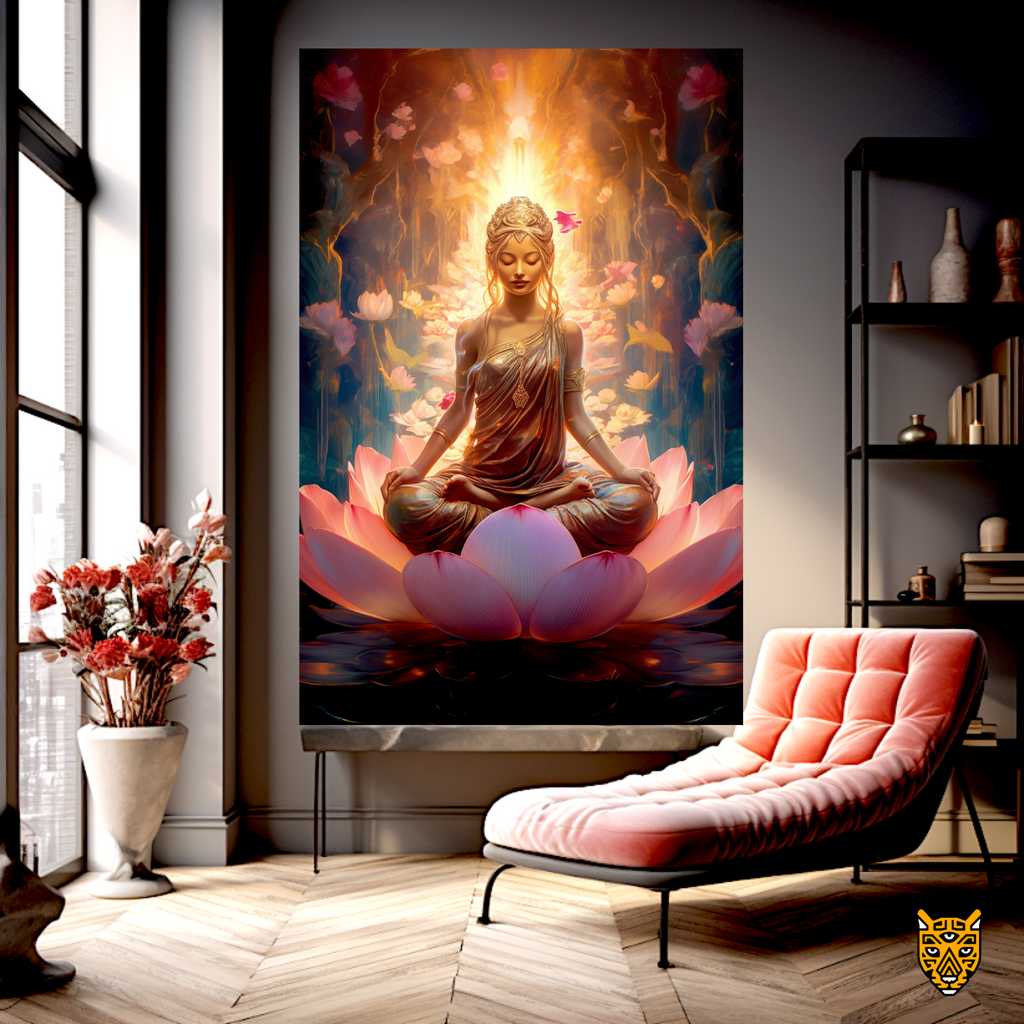 Serene Spiritual Figure in Gold, Embraced by Lotus in Meditation