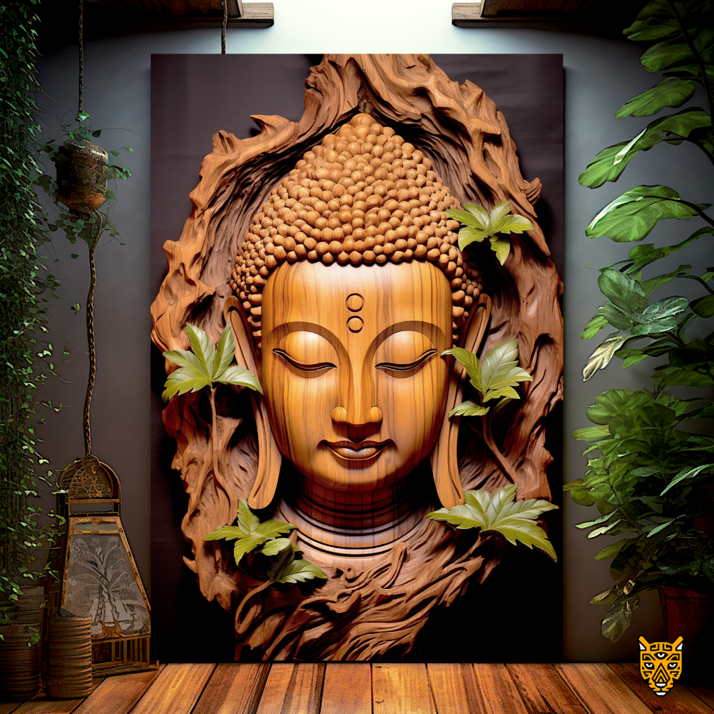 Wood Carving Art: Meditative Brown Buddha's Smiling Face Sculpture