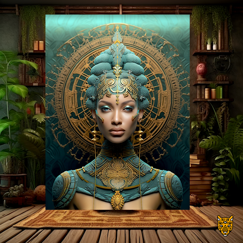 Artistic Woman in Gold and Cyan Portrait of Beauty