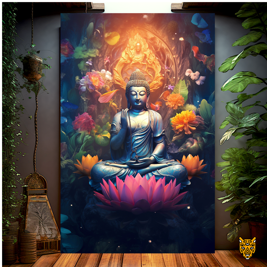 Silver Budhha with Ushnisha and Colorful Lotus Flowers in a Mystical Orange Garden