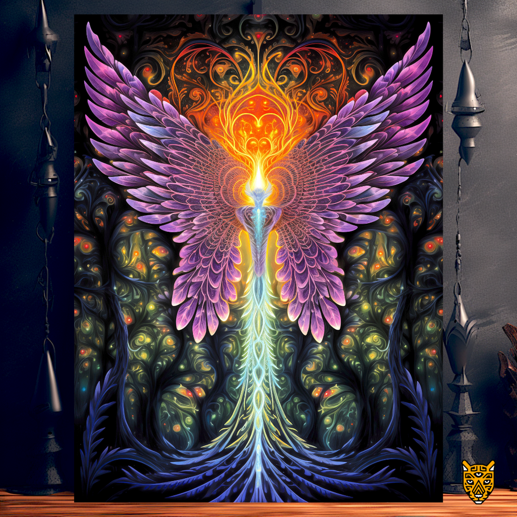 Aesthetic Vibrant Pattern: Mythical Majestic Phoenix with Purple Blue Gold Color Combination
