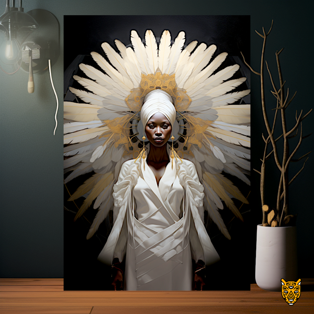 Woman in White Large Feathers in Alluring Fashion African Couture