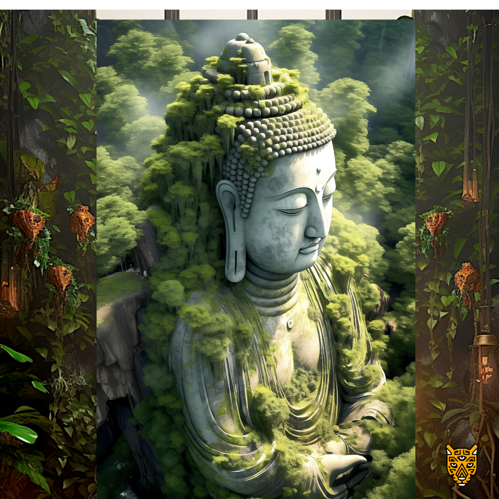 Ancient Spiritual Woodland: Monumental Buddha Statue with Lush Green Forested Pagoda