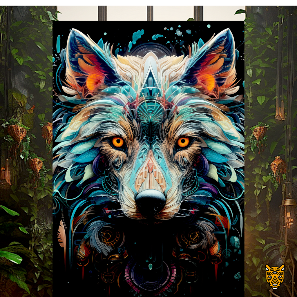 Artistic Spiritual Wildlife: Stylized Majestic Ceremonial Tribal Nature-inspired Blue Wolf