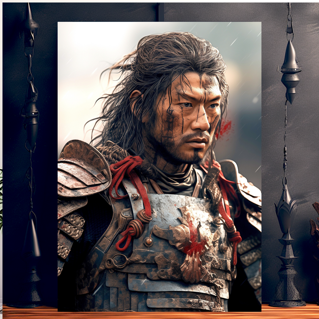 Asian Warrior: Stern Expression with Red and Black Combat Gear on Rainy Battlefield