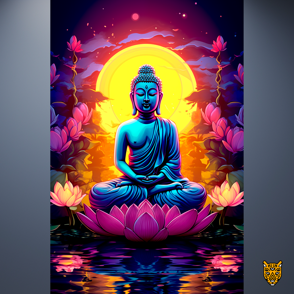 Blue Buddha in Pink Lotus Under Enchanting Night Sky
