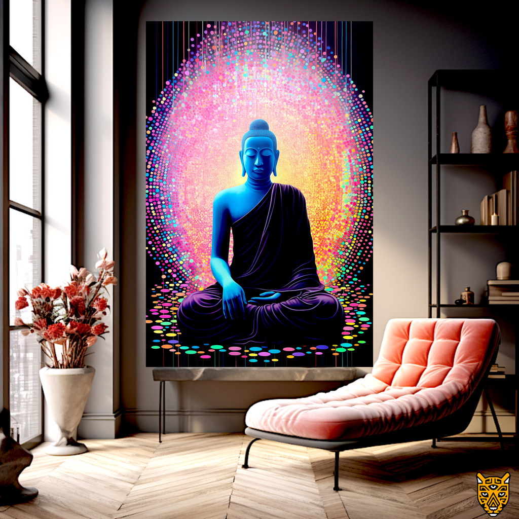 Blue Buddha in Vibrant Array of Colors Burst of Enlightened Energy