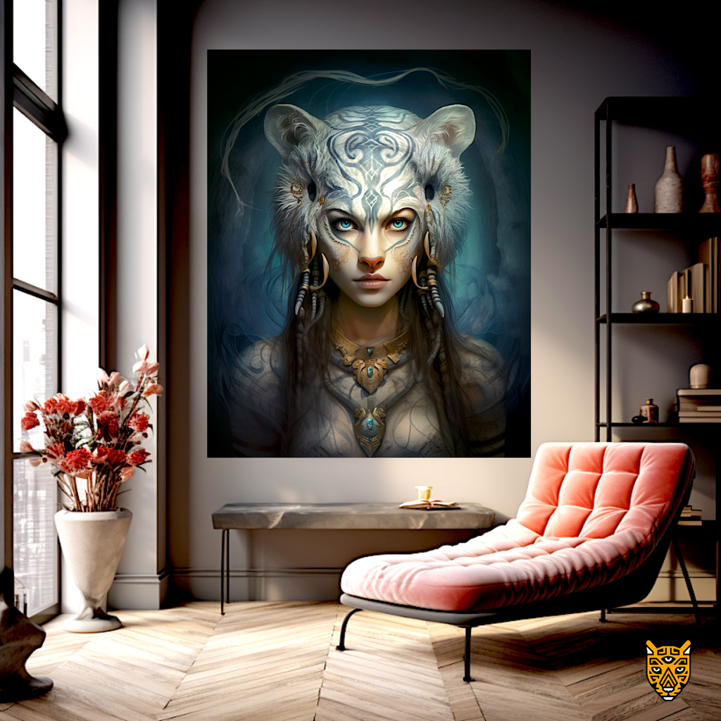 Blue Eyed White Tiger Woman Mysterious Gaze Wildcat Beauty